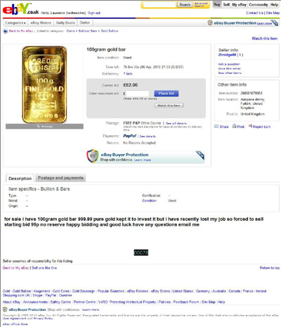20midge08 eBay Listing Using our 100 Gram Credit Suisse Gold Bar Photograph